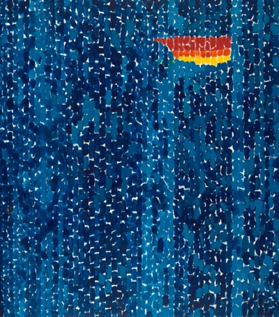 Abstract painting composed of small vertical dabs of multiple shades of blue with a small area of similar strokes of red, orange, and yellow in the upper right.